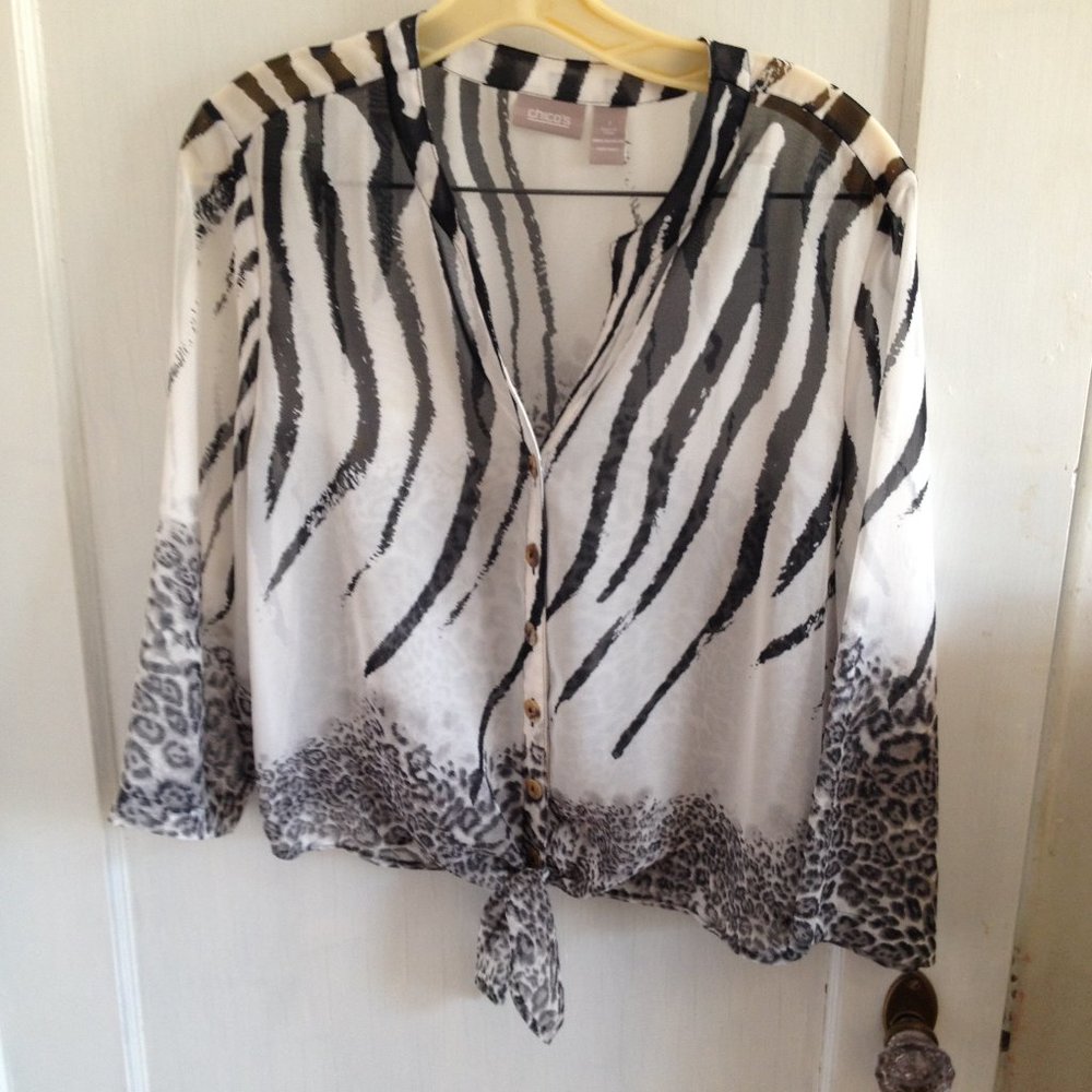 Black/white Animal Print Chico's Tie Blouse Size 1